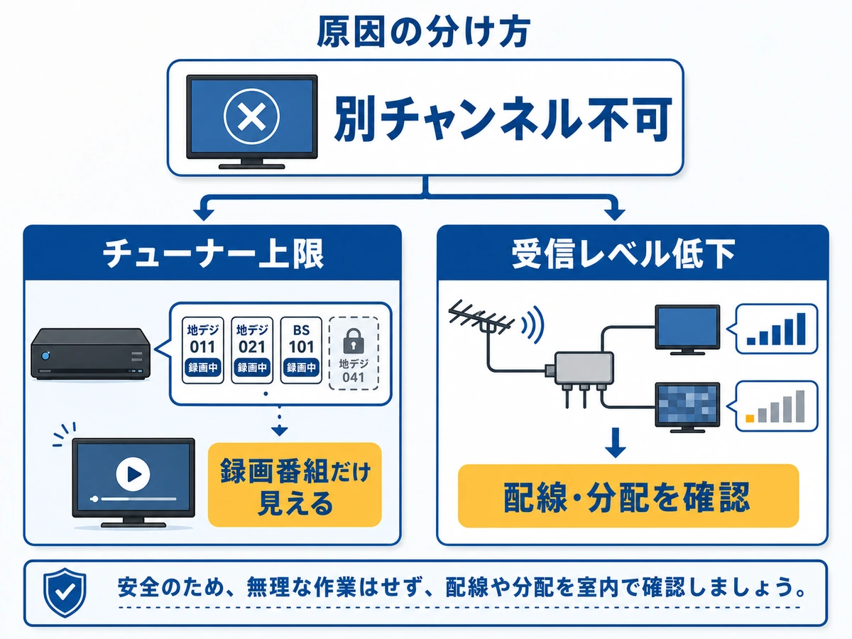 録画中だけテレビが映らない原因をチューナー上限と受信レベル低下に分ける図