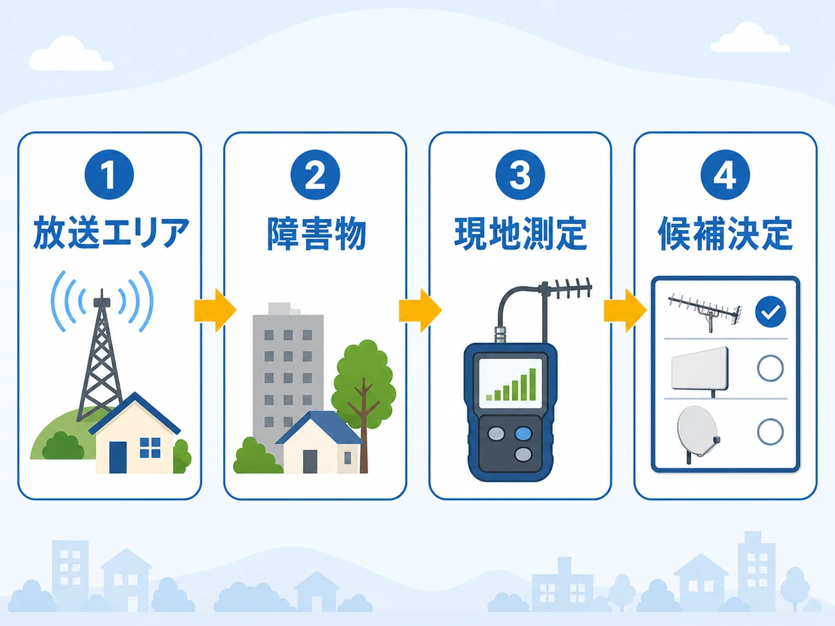 放送エリア、障害物、現地測定、候補決定の確認順