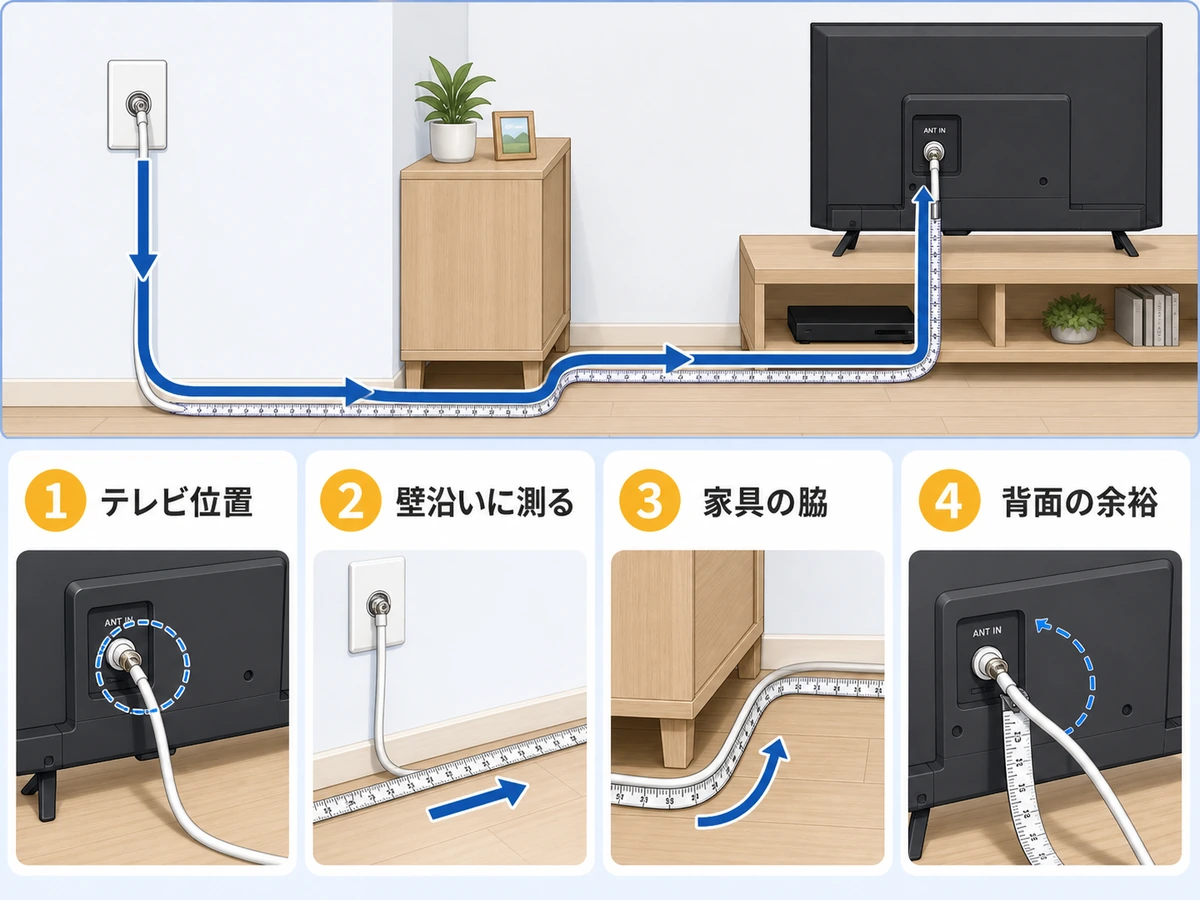 壁端子からテレビ背面までアンテナ線の配線ルートを測る4つの手順