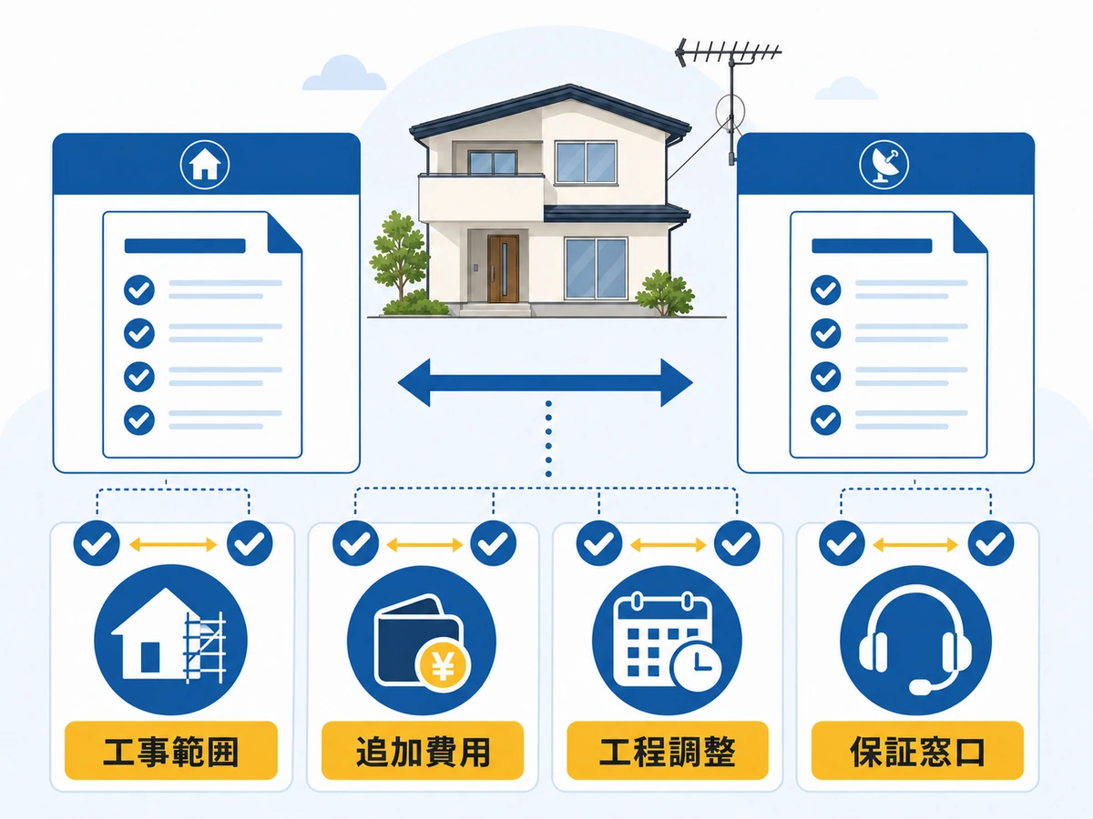 ハウスメーカーと専門業者の見積書を工事範囲・追加費用・工程調整・保証窓口で比べる図