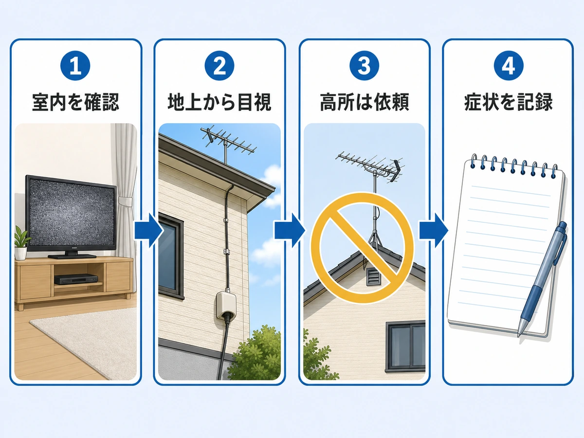 アンテナ線を室内、地上目視、専門点検の順で確認する安全フロー