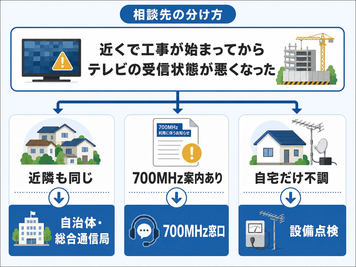 工事後のテレビ不調で相談先を分ける判断図