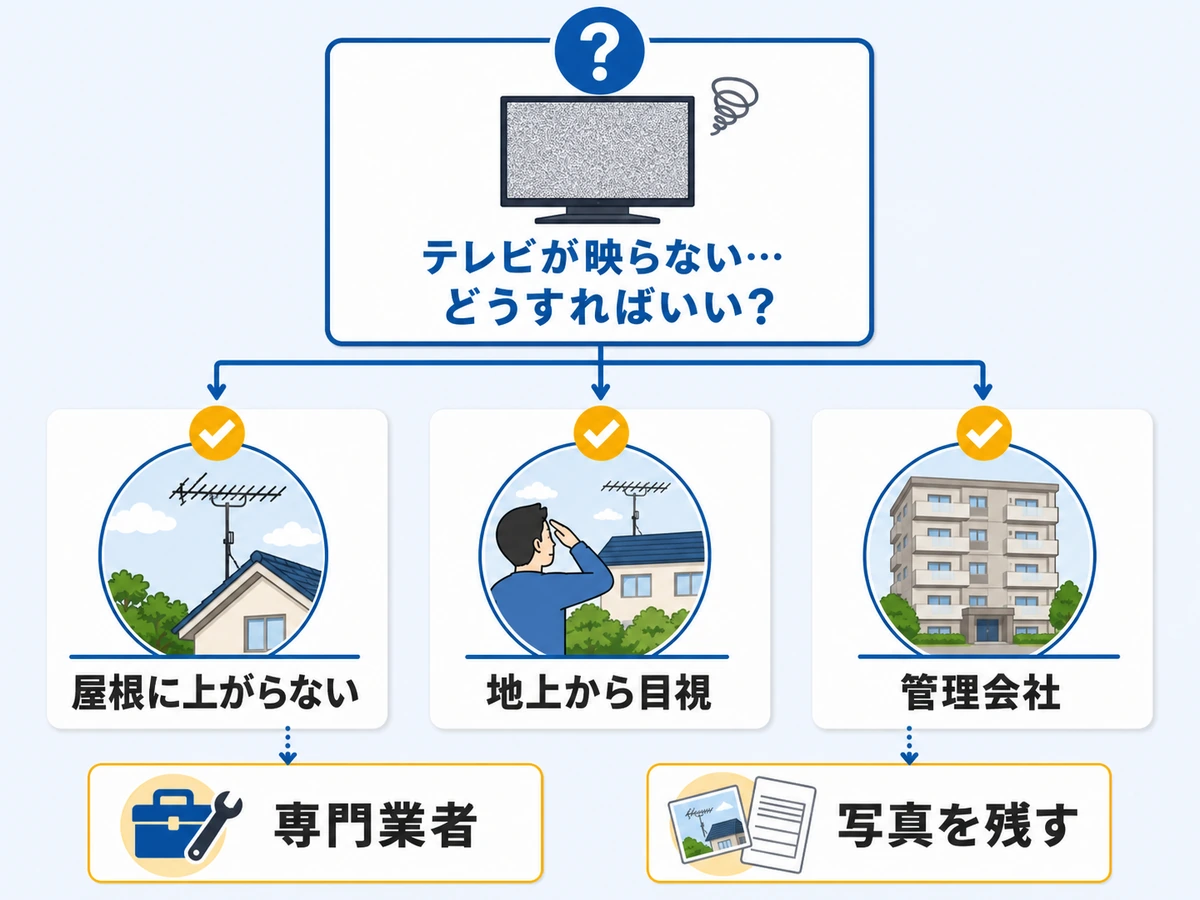 地震後のテレビ不調で屋根に上がらず地上目視、管理会社、専門業者、写真記録を分ける判断図