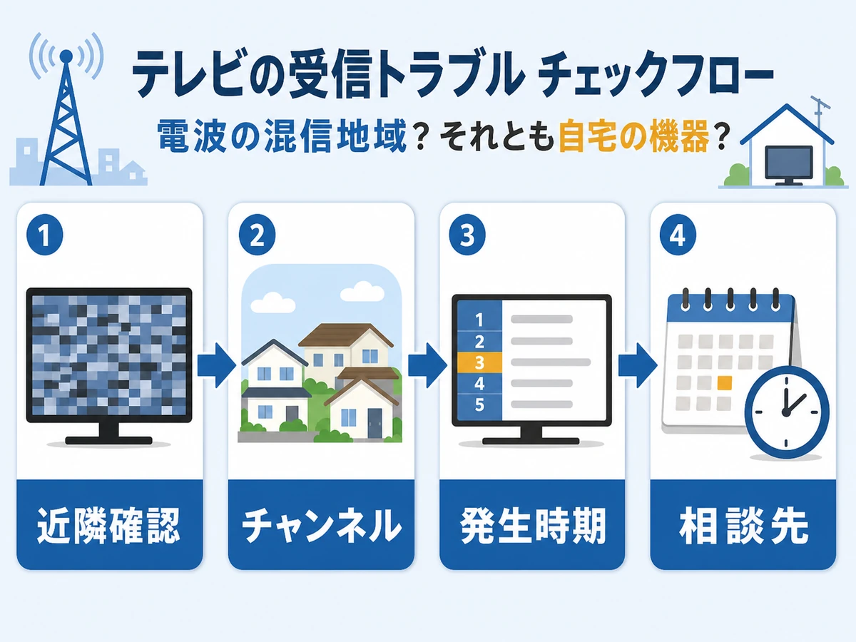 電波障害エリアか自宅設備かを確認する流れ