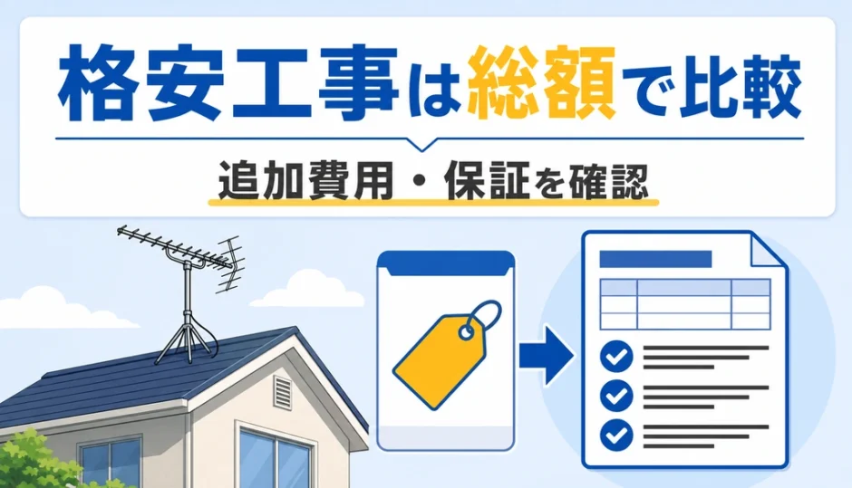 格安アンテナ工事を総額と追加費用・保証で比較することを示す図