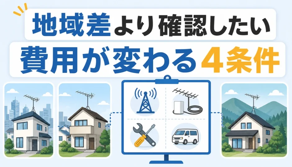 アンテナ工事費用が変わる4条件を都市部・郊外・山間部の住宅とともに示す図