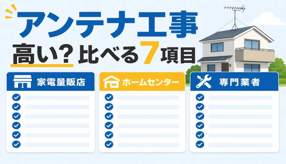 量販店・ホームセンター・専門業者のアンテナ工事見積もりを7項目で比べるイメージ
