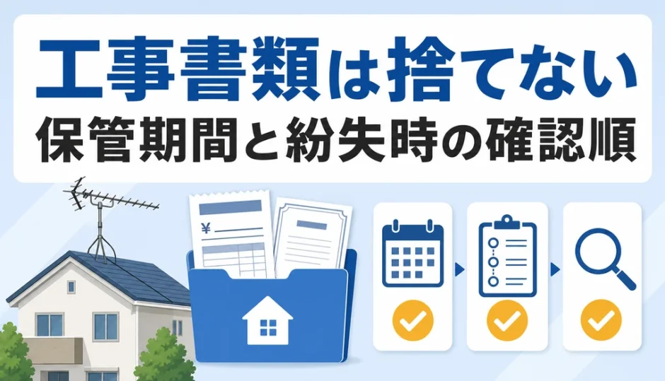 アンテナ工事書類の保管期間と紛失時の確認順を示すサムネイル