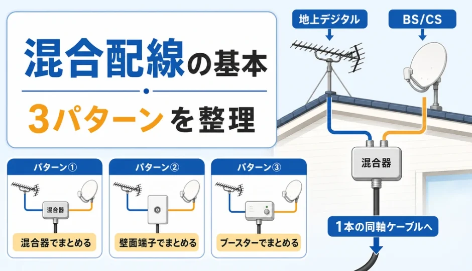 地デジとBS/CSを1本にまとめる混合配線の基本と3パターンを示す図解