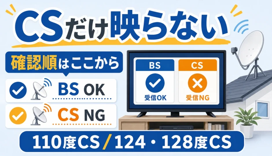 CSだけ映らない時の確認順と110度CS・124/128度CSの違いを示す図解