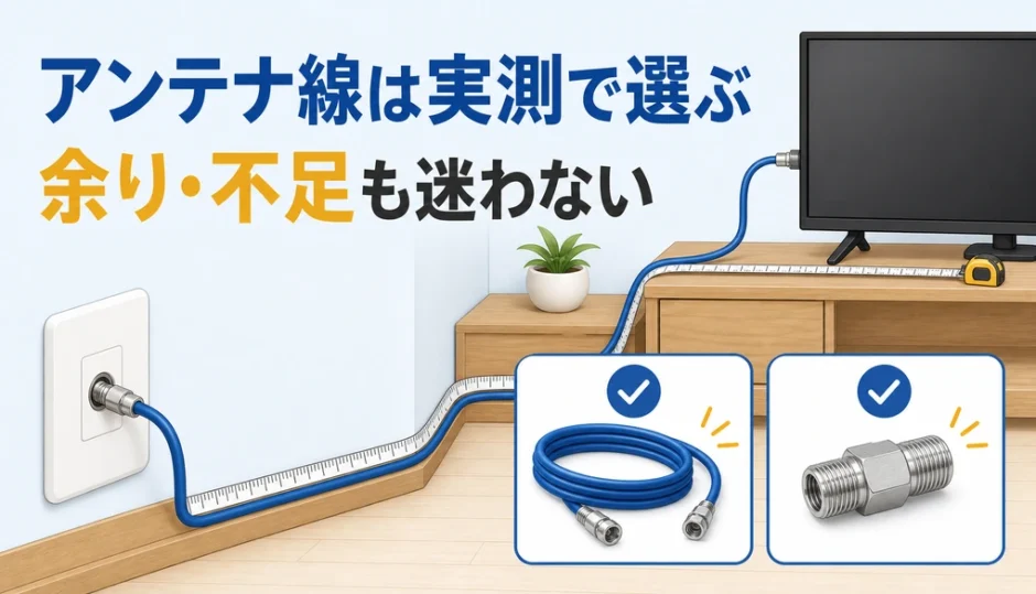 アンテナ線を実際の配線ルートで測り、余りや不足の対処を選ぶイメージ