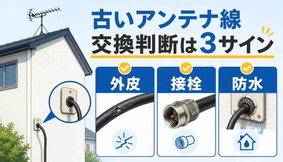 古い家の屋外引込部にあるアンテナ線の外皮・接栓・防水を確認するイメージ