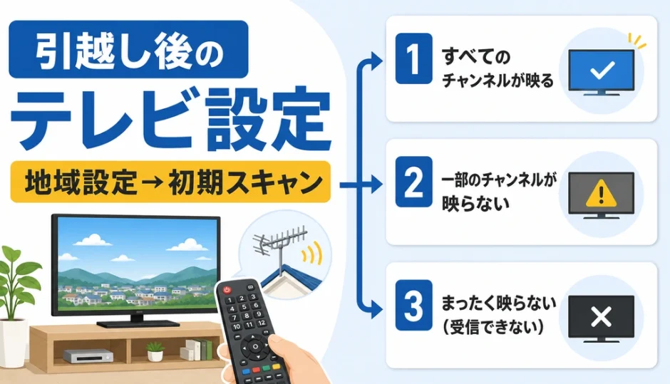 引越し後のテレビ設定で地域設定から初期スキャンへ進むことを示す図