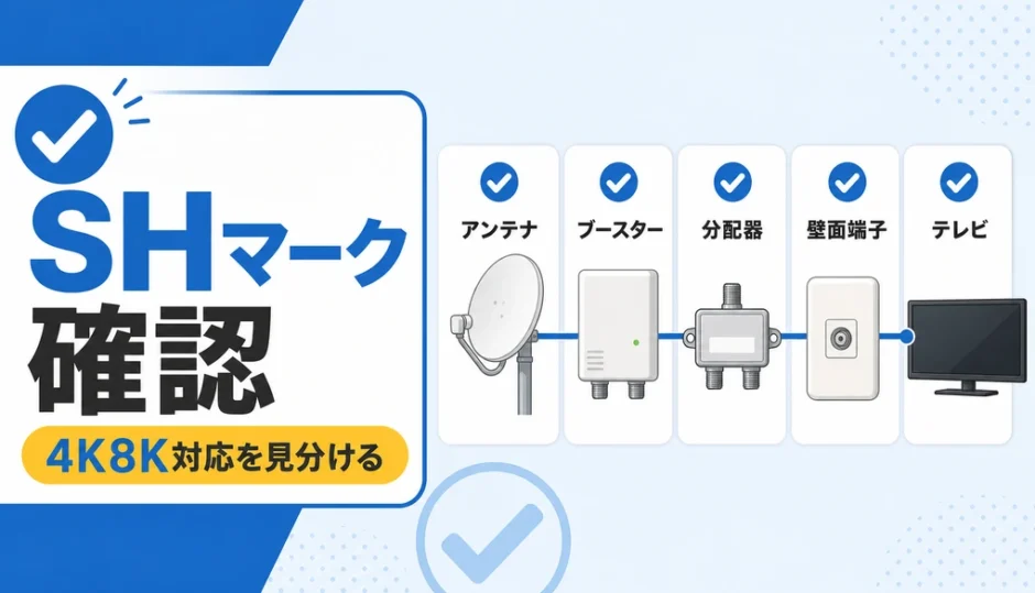 SHマーク確認と4K8K対応機器の見分け方を示すサムネイル