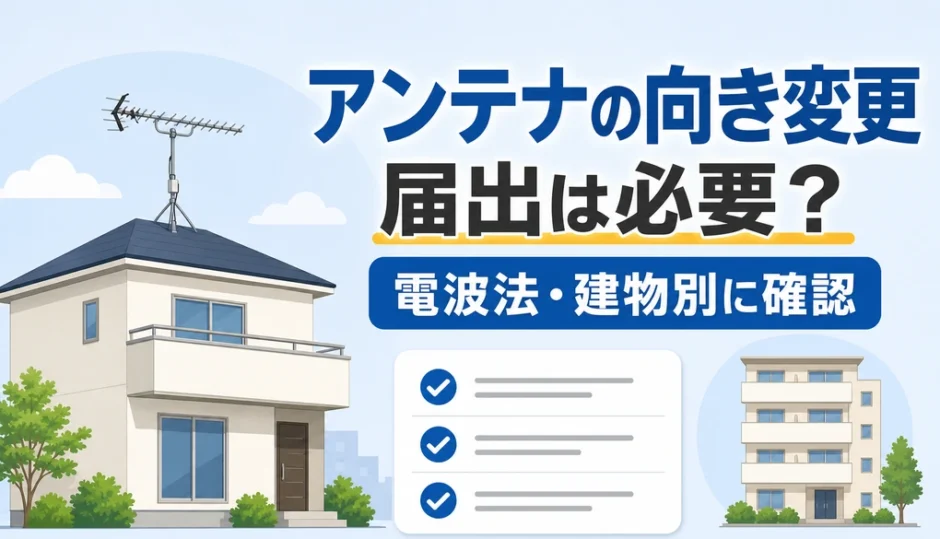 テレビアンテナの向き変更に届出が必要かを電波法と建物別に確認するイメージ