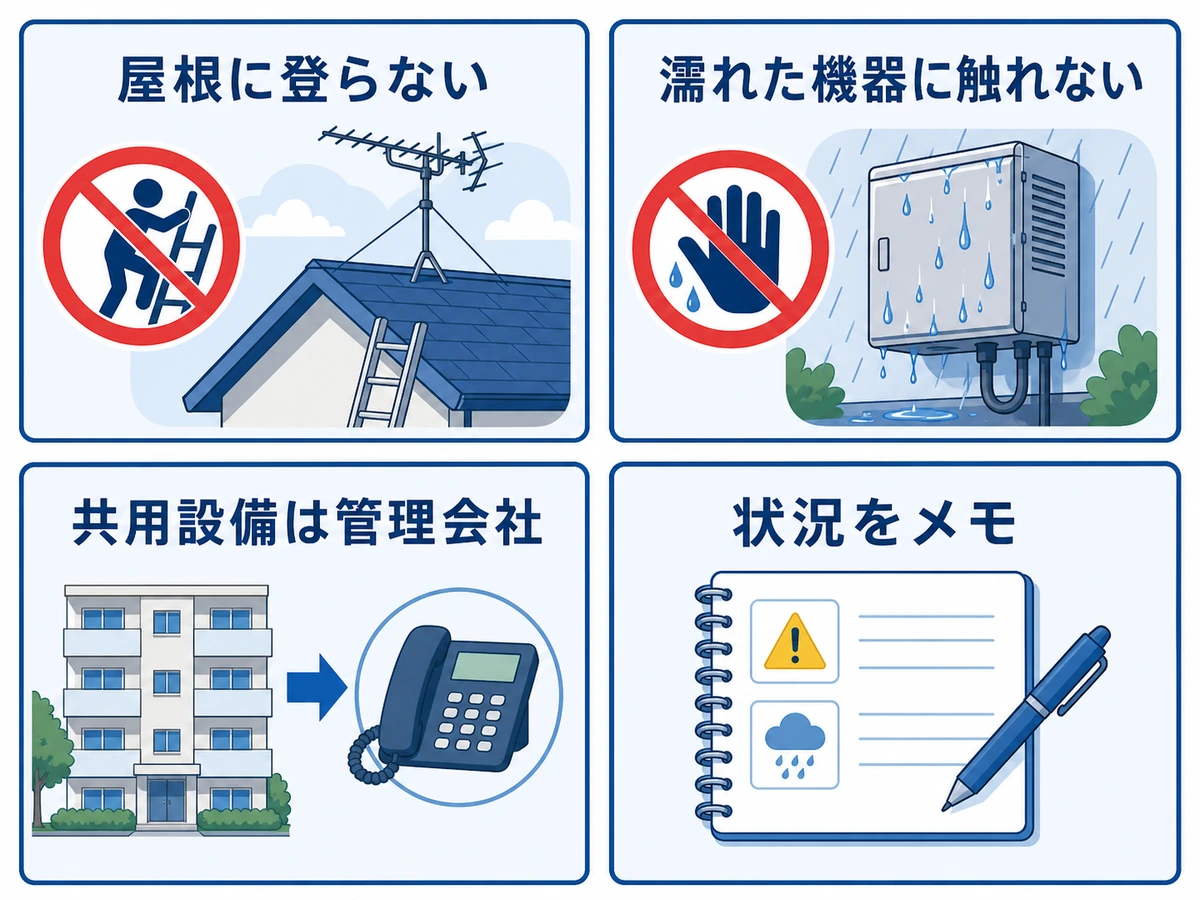 屋根や濡れた機器、共用設備に触れず相談へ切り替える判断図