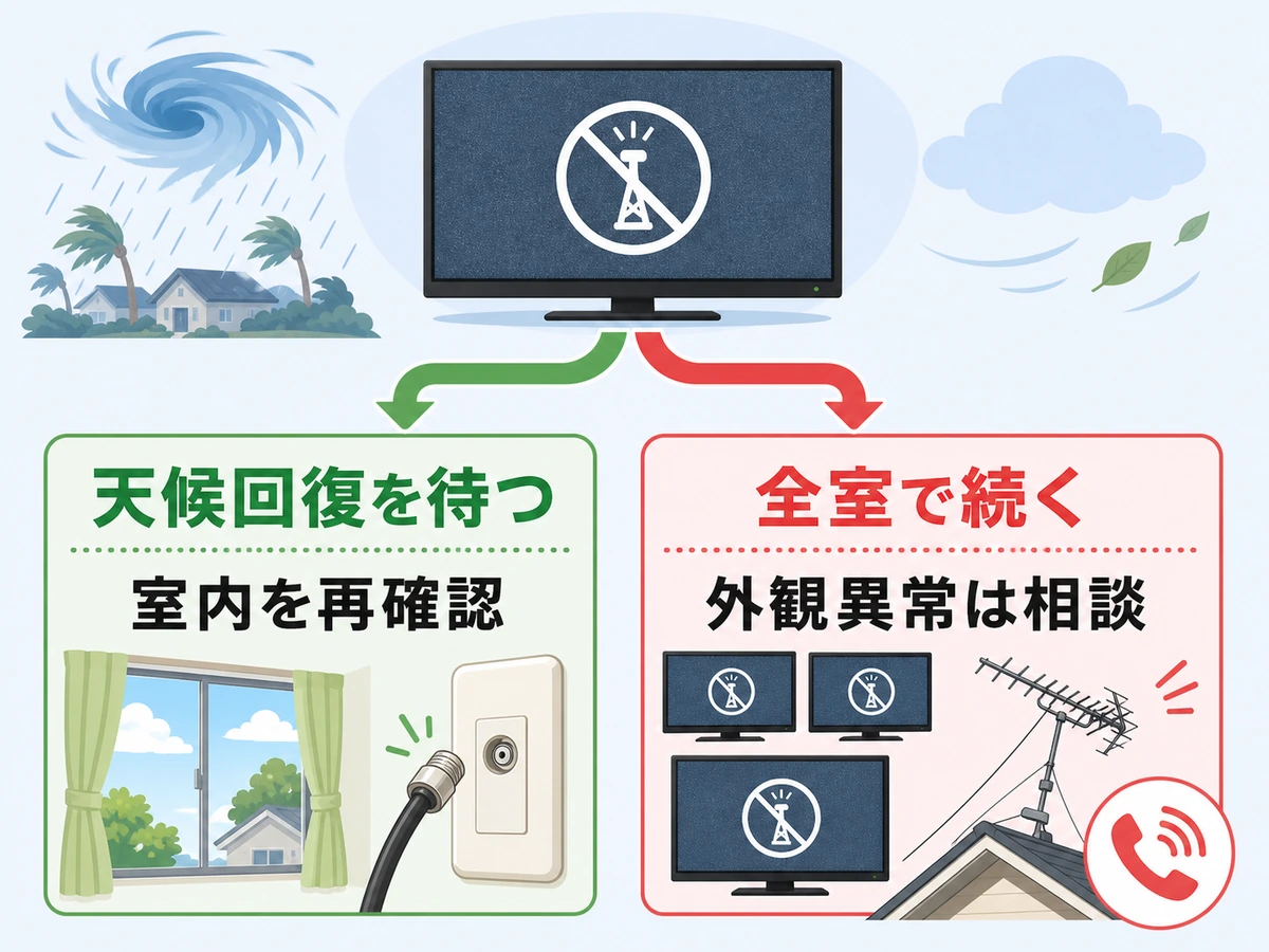 台風後のテレビ受信で天候回復を待つ場合と相談する場合の判断図