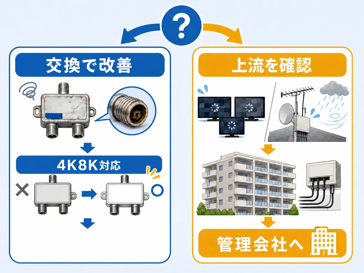 分波器交換で改善する条件と上流設備を確認する条件の比較