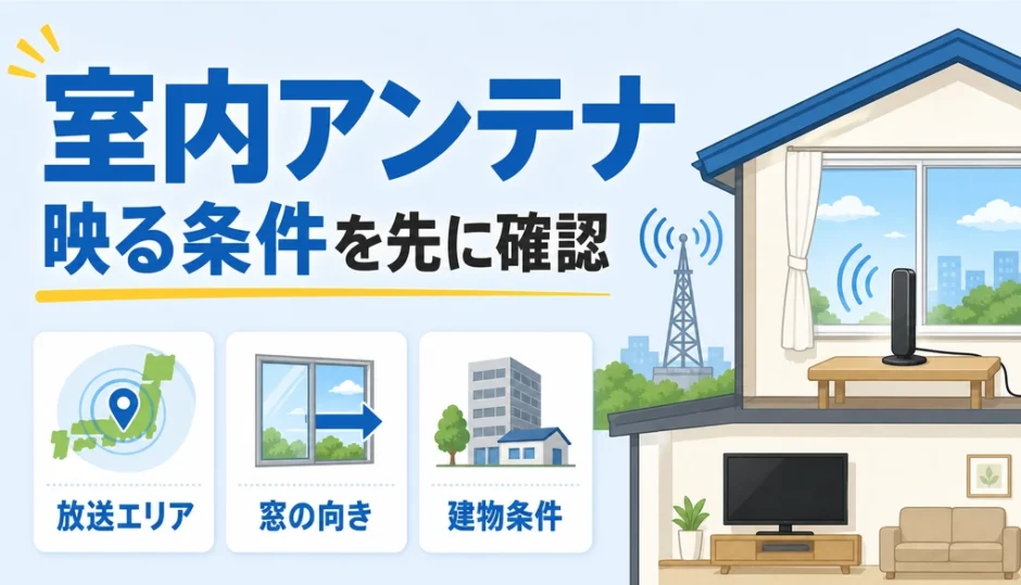 室内アンテナで映る家の条件を放送エリア・窓の向き・建物条件で示す図