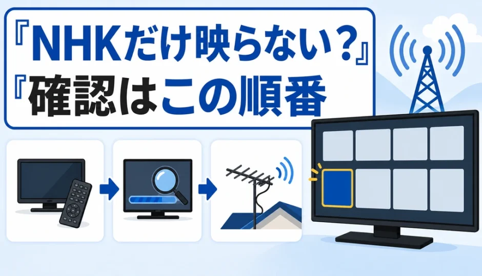 NHKだけ映らないときの確認順を示すテレビとアンテナの図