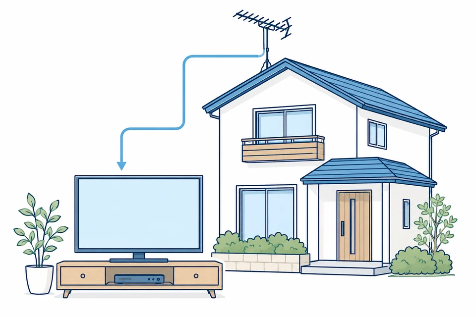 テレビのある部屋とアンテナを設置した家のイラスト