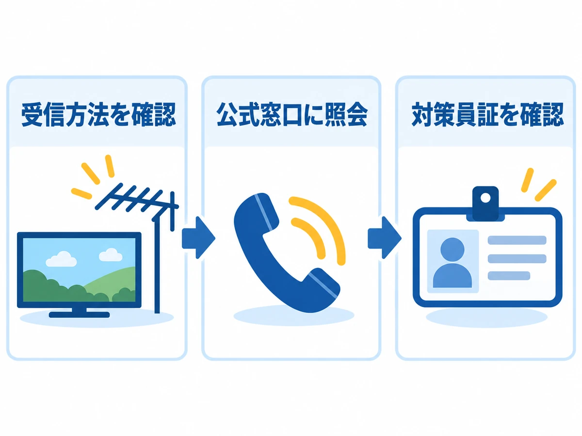 700MHzのチラシを受け取った人が受信方法を確認し、公式窓口に照会して対策員証を確認する順序