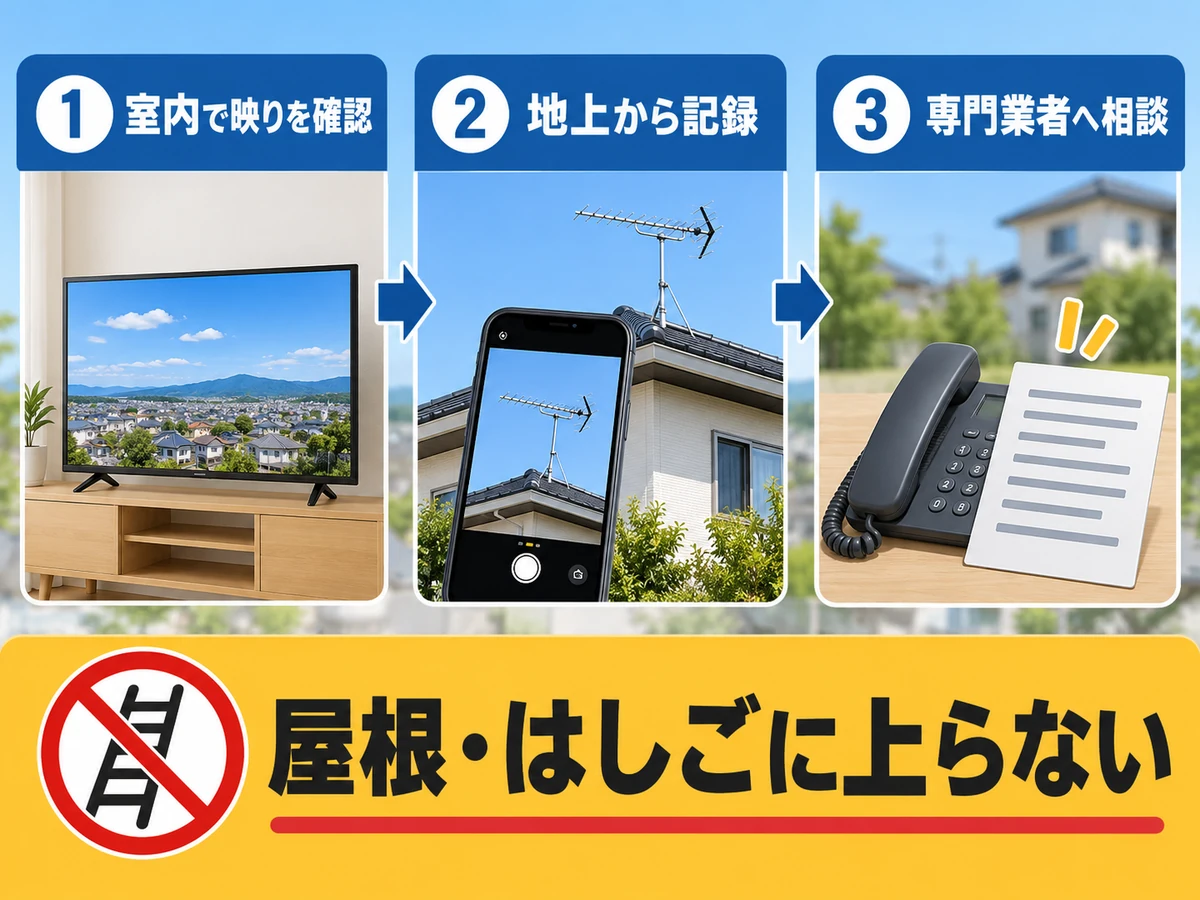 室内で映りを確認→地上から記録→異常は専門業者へ