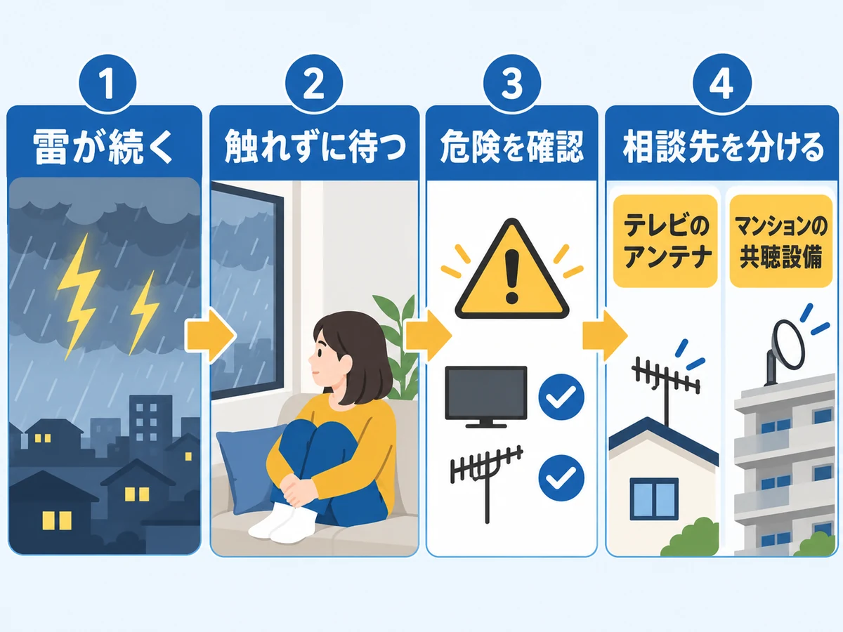 雷が続く間は触らず待ち、収束後に危険と相談先を分ける四段階の図