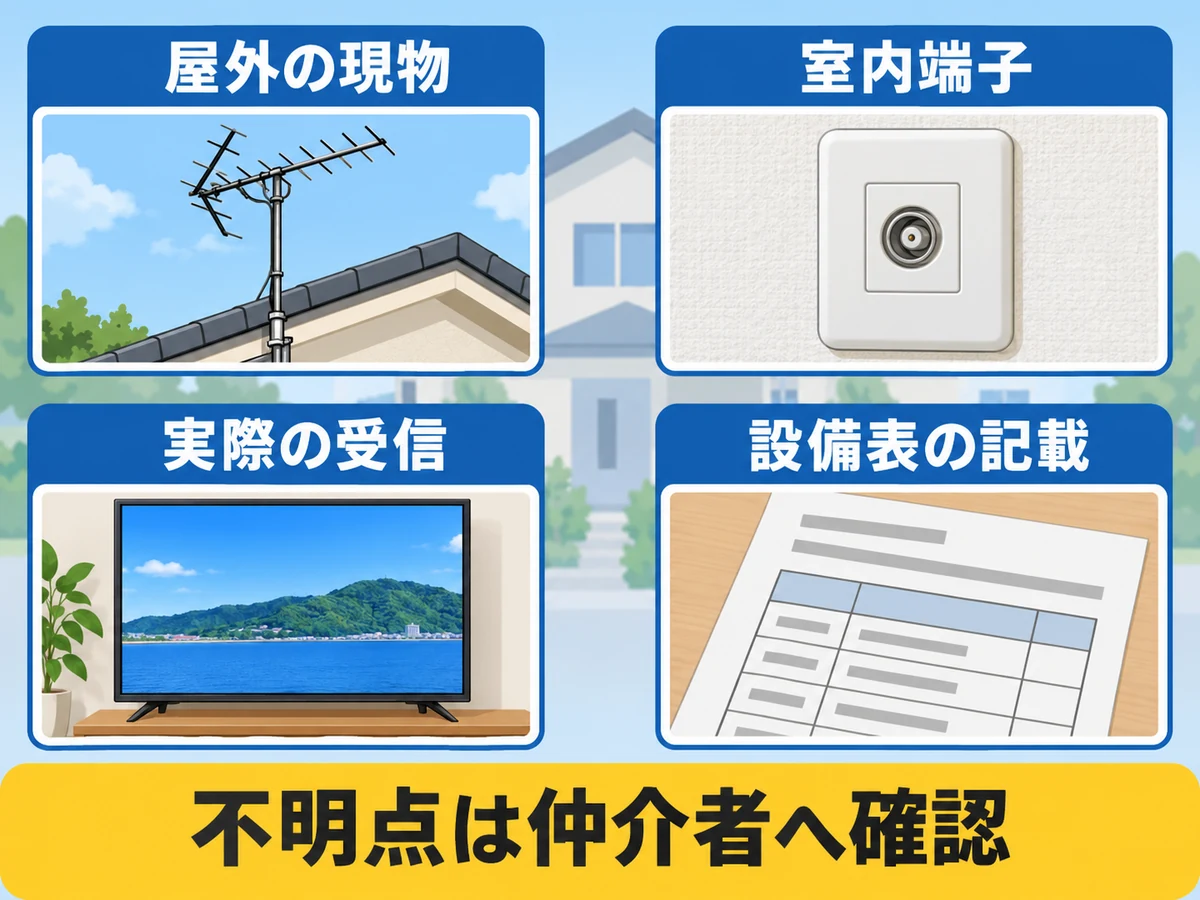 屋外の現物・室内端子・実際の受信・設備表