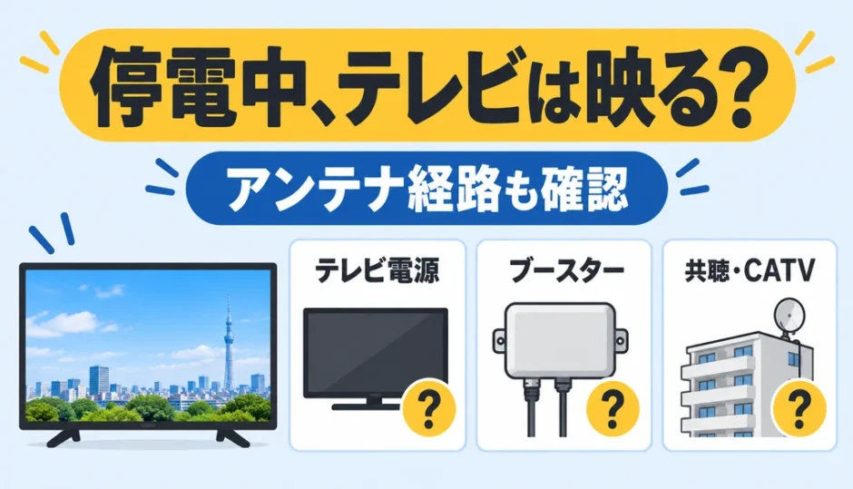 停電中のテレビ視聴にはテレビ電源だけでなくブースターと共聴・CATVの受信経路確認が必要なことを示す図