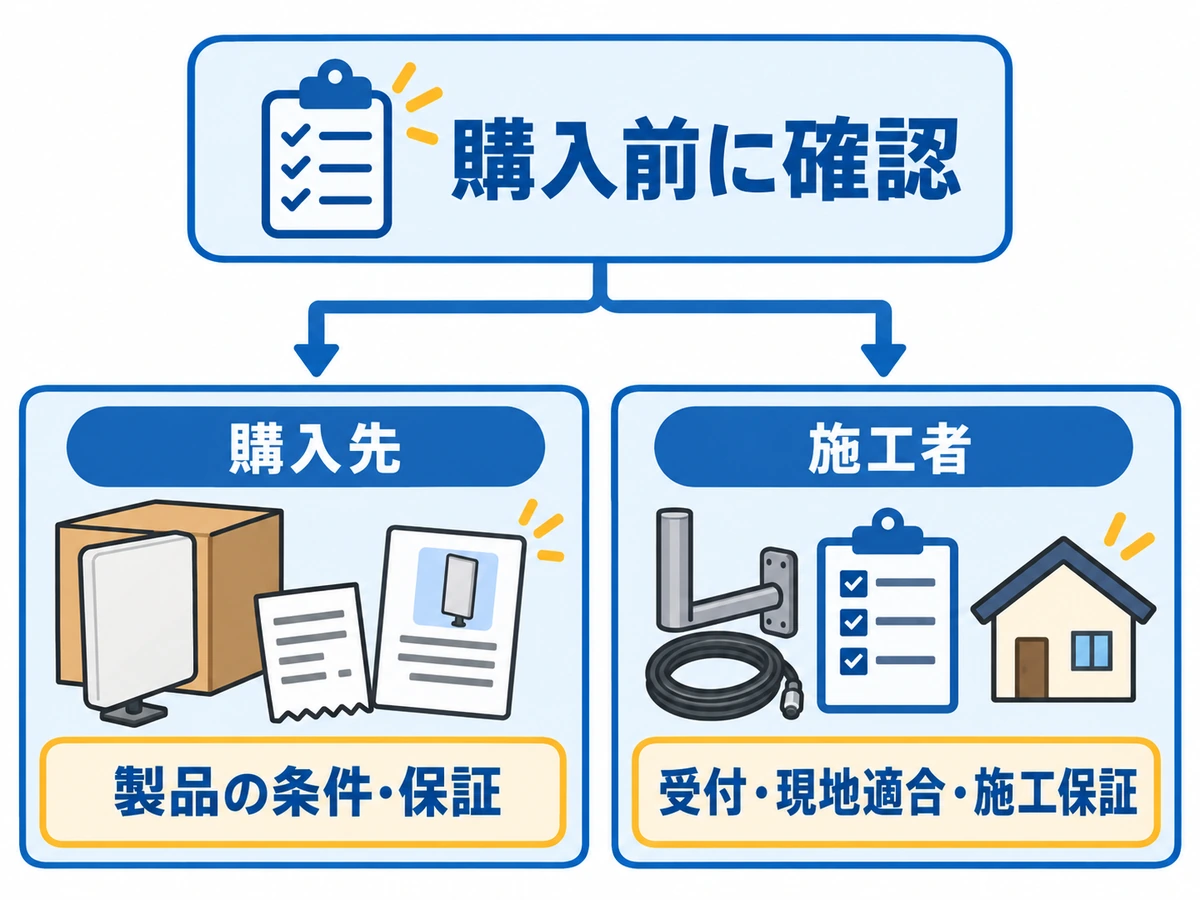 購入前に購入先へ製品の条件・保証、施工者へ受付・現地適合・施工保証を確認する図