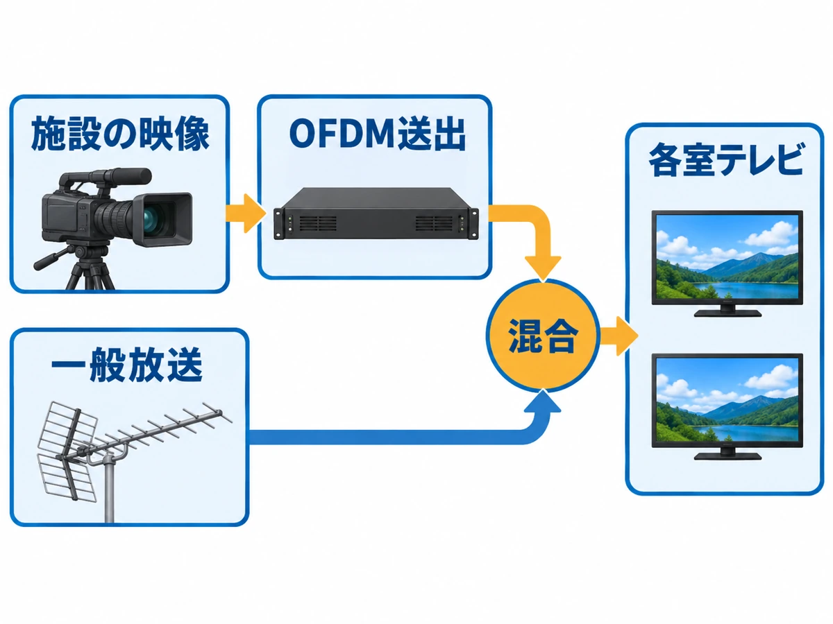 施設映像がOFDM送出を経て一般放送と混合され各室テレビへ届く概念系統図
