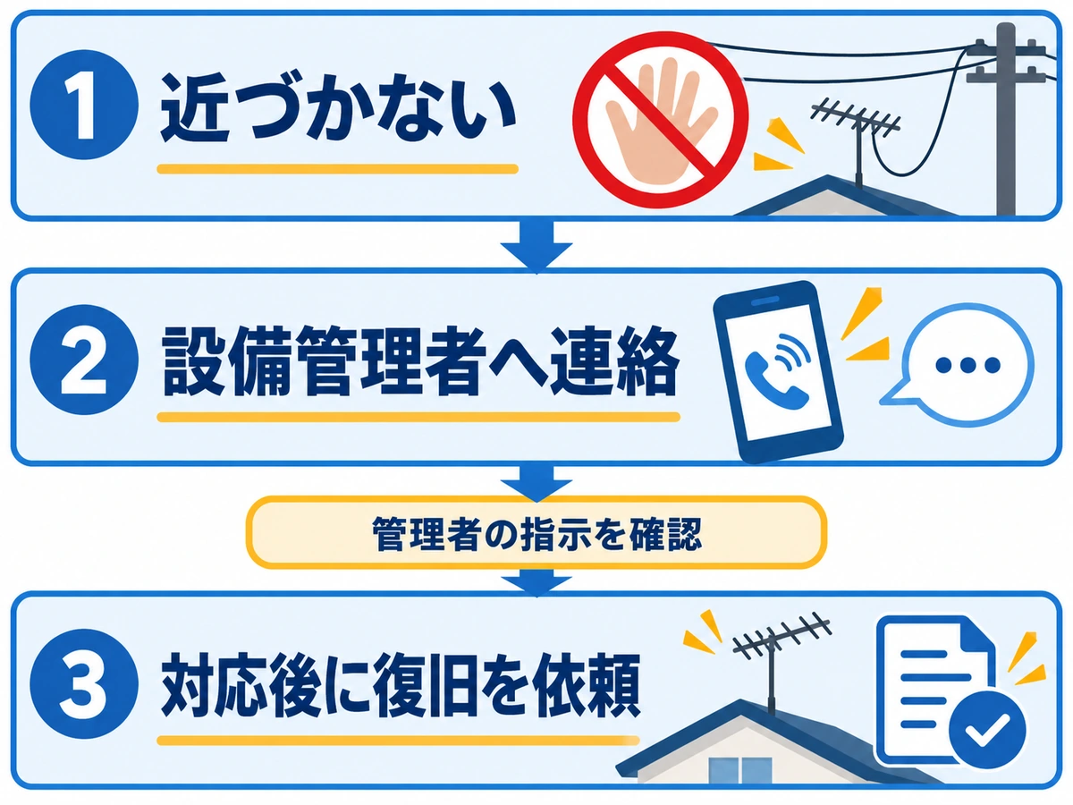 近づかない、設備管理者へ連絡、管理者の指示を確認、対応後に復旧を依頼する順序