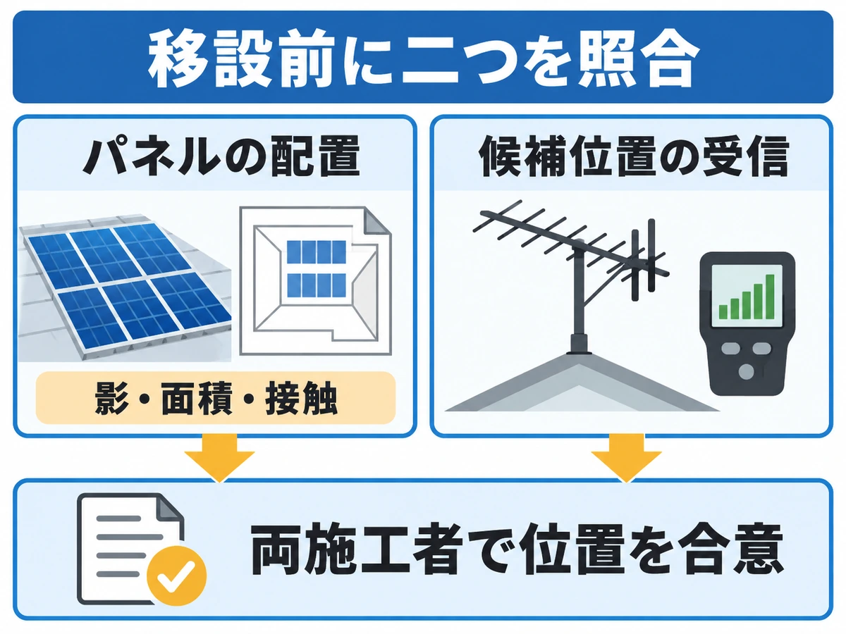 パネル配置の影・面積・接触と候補位置の受信を確認し、両施工者で位置を合意する概念図
