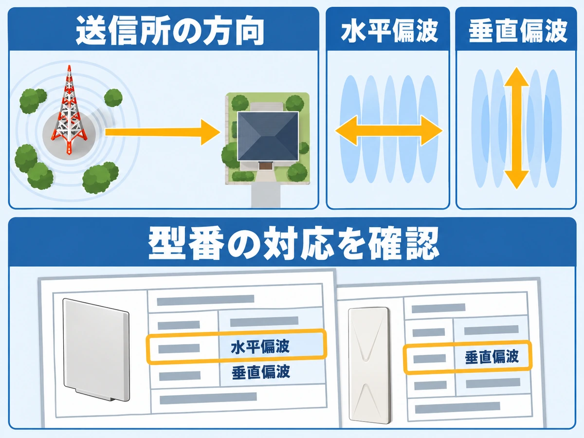 送信所から来る方向と水平・垂直偏波を別の条件として示し、型番の対応確認へつなぐ概念図